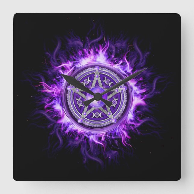 Lila Moon Pentagram Quadratische Wanduhr (Vorderseite)