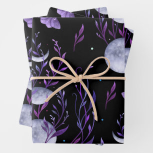 Lila Moon- und Moth-Wrapping-Papierblätter Geschenkpapier Set