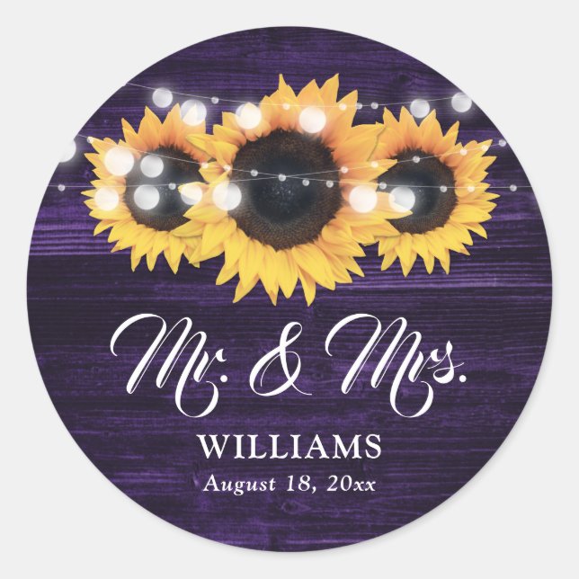 Lila Mr. and Mrs Sunflower Wedding Stickers (Vorderseite)
