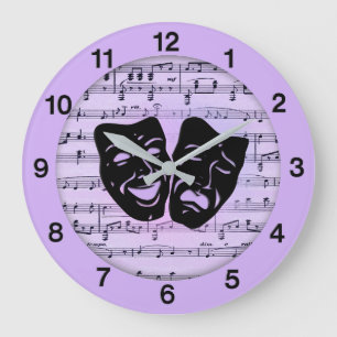 Lila Musik- und Theatermasken Große Wanduhr