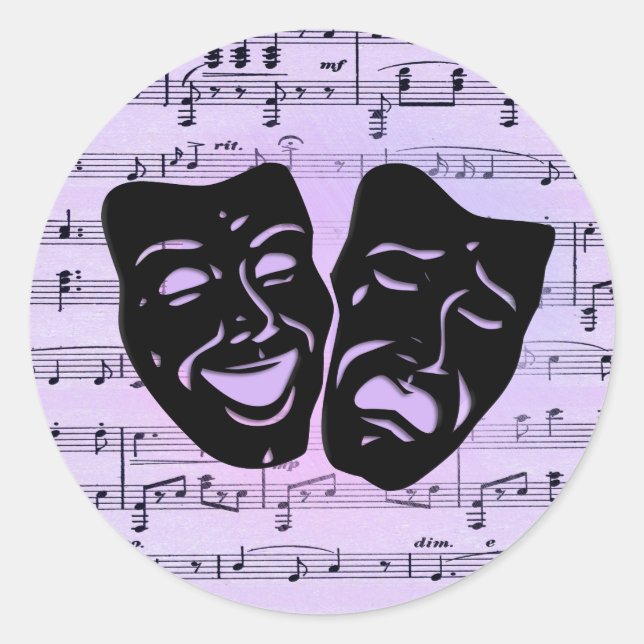 Lila Musik- und Theatermasken Runder Aufkleber (Vorderseite)