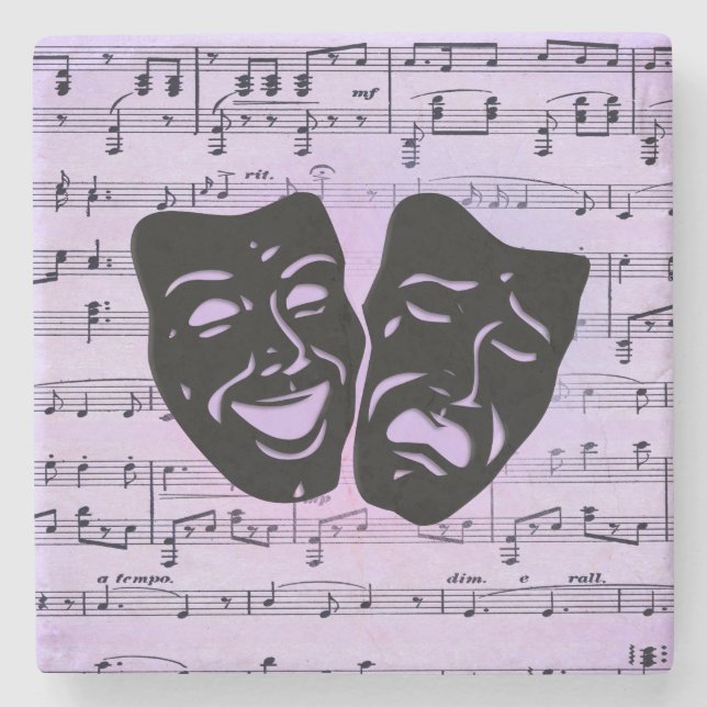 Lila Musik- und Theatermasken Steinuntersetzer (Vorderseite)