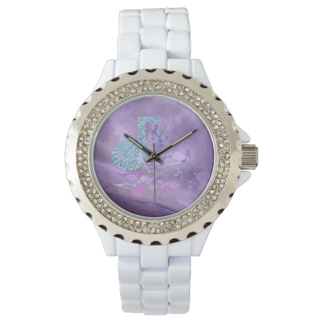 Lila Musiknoten Abstrakt Kristall White Watch Armbanduhr (Vorderseite)