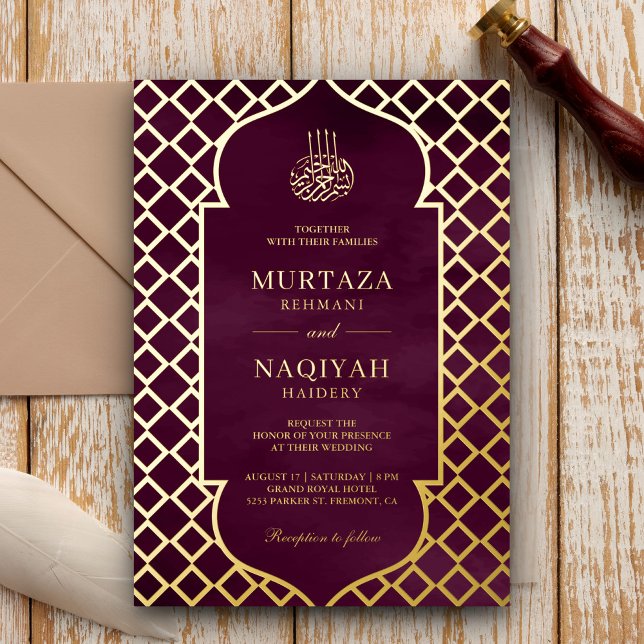 Lila muslimische Hochzeit mit antiken Rahmen Folieneinladung (Von Creator hochgeladen)