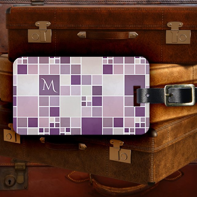 Lila Muster - Farbmonogramm Gepäckanhänger (Luggage tag featuring a checkered design with a subtle watercolor effect in mauve, purple and lilac )