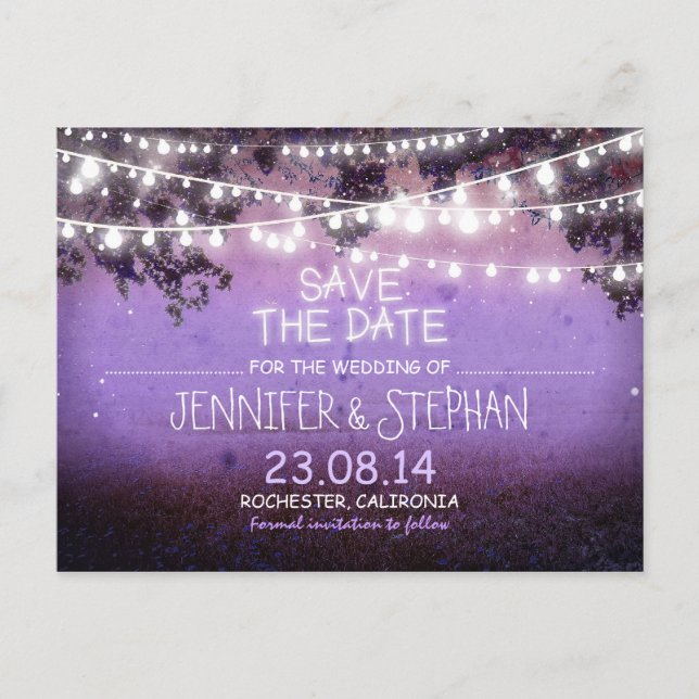lila Nachtlichter Save the Date romantisch Ankündigungspostkarte (Vorderseite)