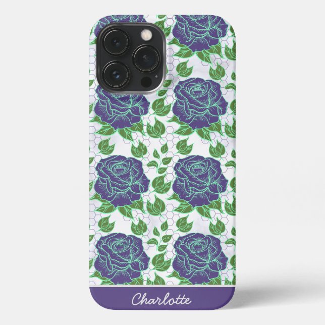 Lila nahtlose Blumenmuster personalisierter Name iPhone 13 Pro Max Hülle (Rückseite)