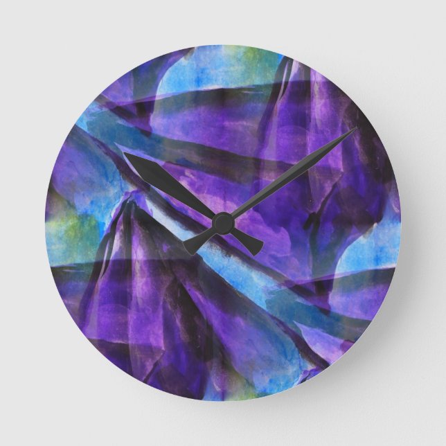 lila nahtloser Kubismus, blaue abstrakte Kunst Runde Wanduhr (Vorderseite)