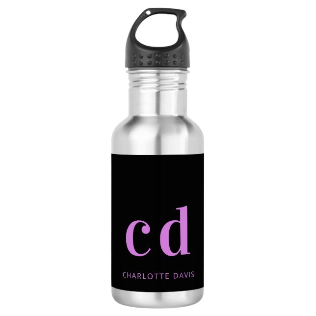 Lila Name des Schwarzen Monogrammes modern Edelstahlflasche (Vorderseite)