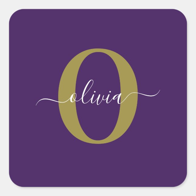 Lila Name für Monogramm-Skripte Quadratischer Aufkleber (Vorderseite)