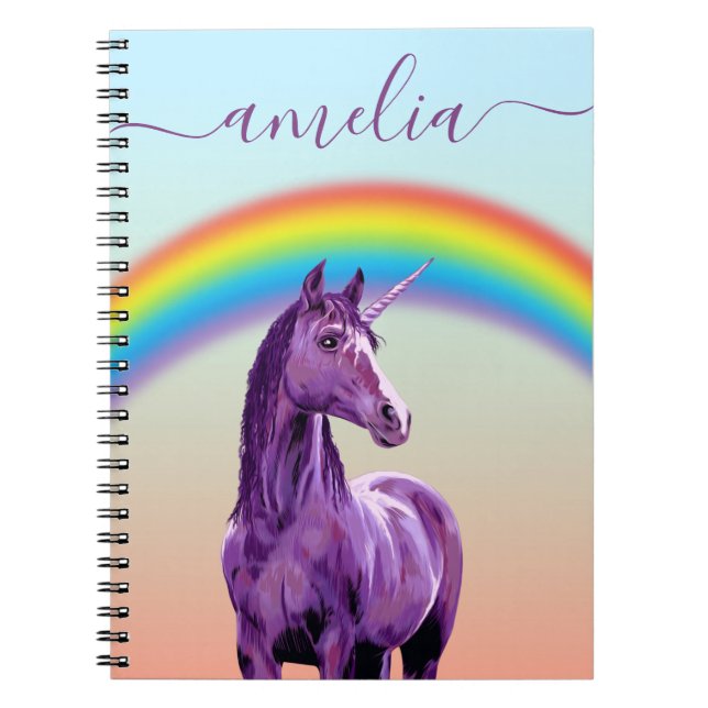 Lila Name Unicorn & Rainbow Hübsch Kalligraphie Notizblock (Vorderseite)