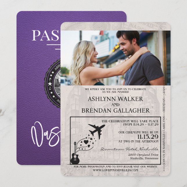 Lila Nashville Passport Wedding Einladung (Vorne/Hinten)