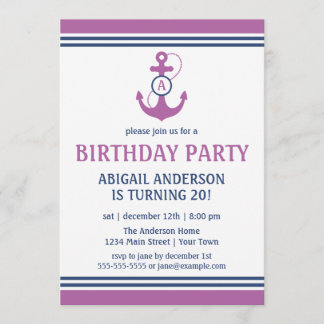 Lila Nautical Birthday Party Einladung mit Anchor