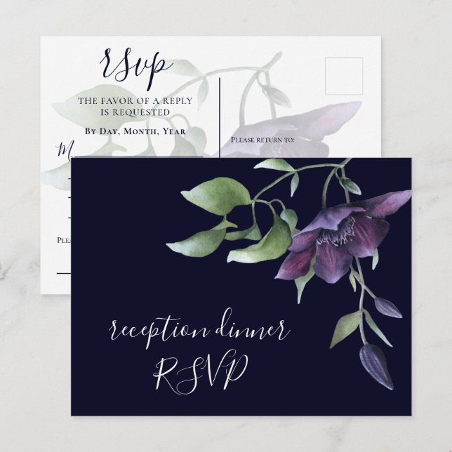 Lila Navy Blue Floral Darl Empfang Dinner UAWG Einladungspostkarte (Vorne/Hinten)