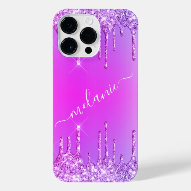 Lila Neon Glitzer Individuelle Name iPhone Case iPhone 14 Pro Max Hülle (Rückseite)