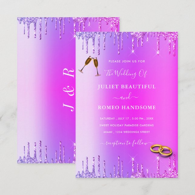 Lila Neon Glitzer Tropfen Hochzeit Einladung (Vorne/Hinten)