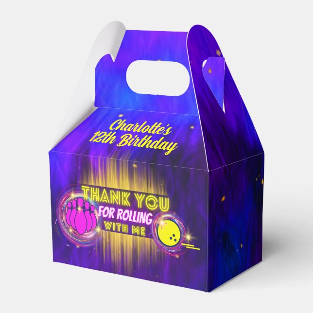 Lila Neon Glow Girl's Bowling Birthday Party Geschenkschachtel (Vorderseite)