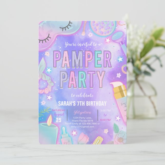 Lila Neon Glow Pamper Wellness-Center Party Geburt Einladung (Stehend Vorderseite)