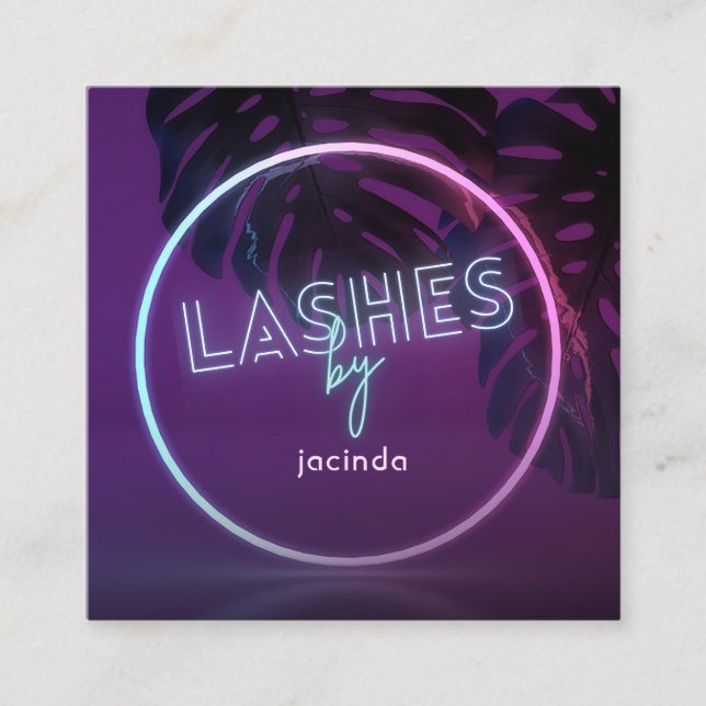 Lila Neon Lashes Business Square Visitenkarte (Vorderseite)