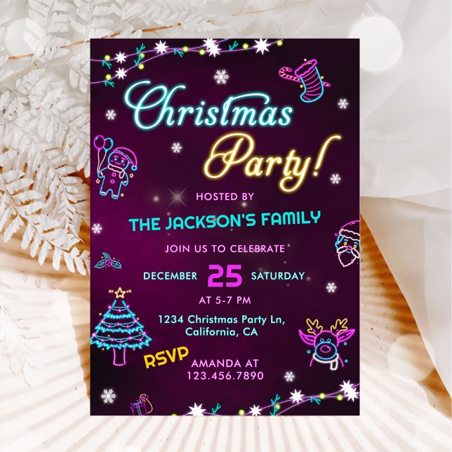 Lila Neon Modern Holiday Weihnachten Party Einladung (Von Creator hochgeladen)