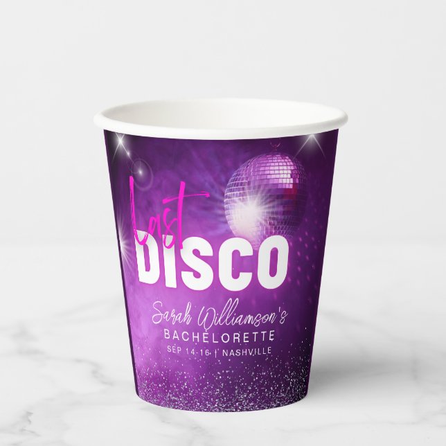 Lila Neon Pink Letzte Disco Junggeselinnen-Abschie Pappbecher (Vorderseite)