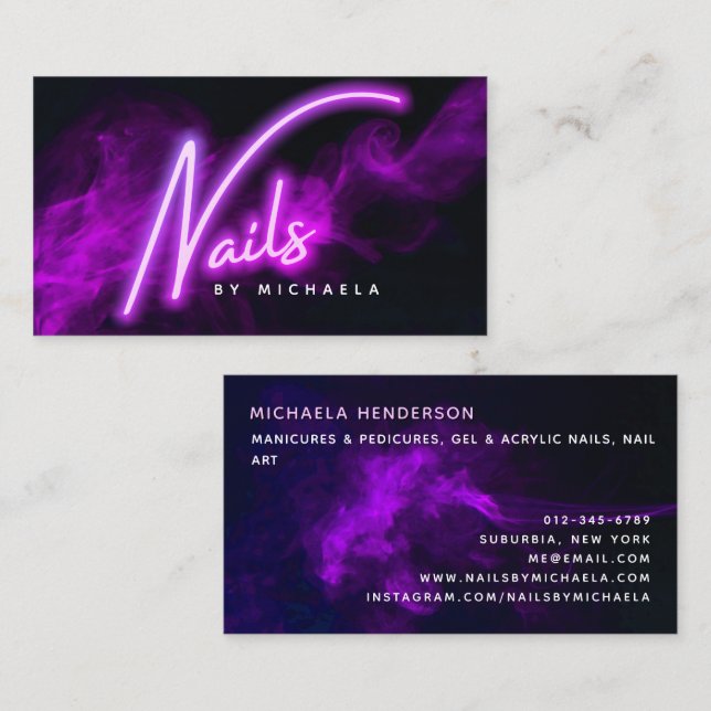 Lila Neon & Smoke Nail Salon/Techniker Visitenkarte (Vorne/Hinten)