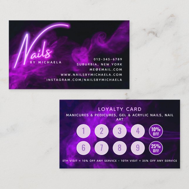 Lila Neon & Smoke Nail Salon Treuekarte Visitenkarte (Vorne/Hinten)
