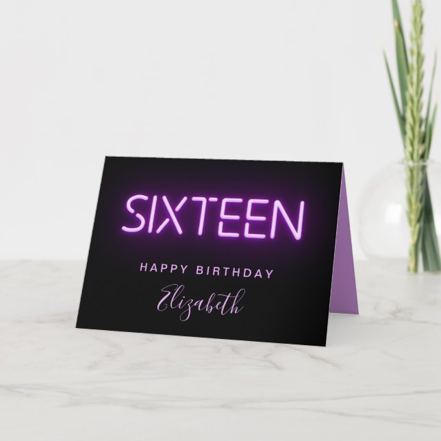 Lila Neonleuchten Personalisiert 16. Geburtstag Karte (Vorderseite)