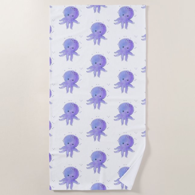 Lila Niedlicher Oktopus Wasserfarbe Strandtuch (Vorderseite)