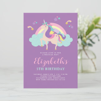 Lila Niedlicher Regenbogen Einhorn Personalisiert Einladung