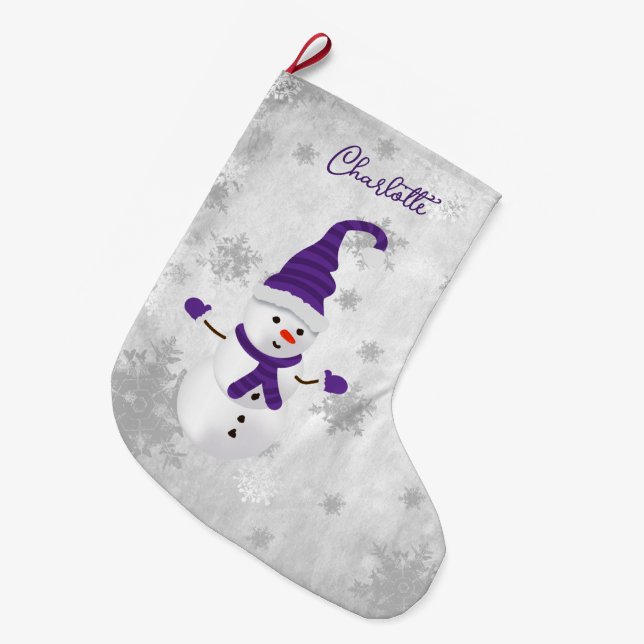 Lila Niedlicher Snowman Holiday Strumpf Großer Weihnachtsstrumpf (Vorderansicht (hängend))