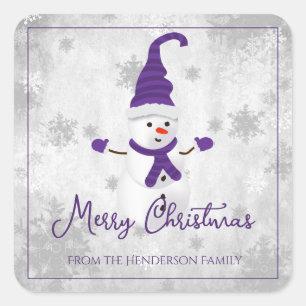 Lila Niedlicher Snowman Weihnachtsaufkleber Quadratischer Aufkleber