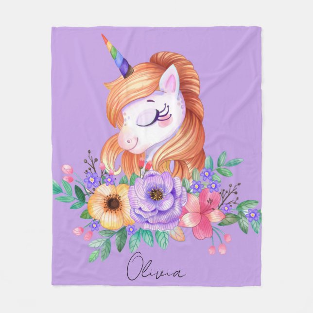 Lila Niedliches Einhorn mit Florals Monogramm Fleecedecke (Vorderseite)