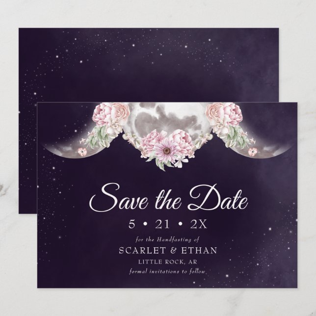 Lila Night Sky Floral Triple Moon Handfasts Save The Date (Vorne/Hinten)