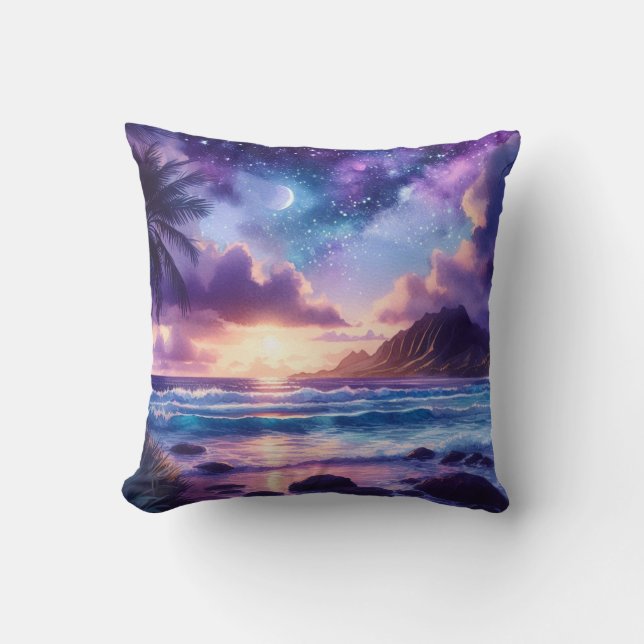 Lila Night Sky Moon Tropical Beach Szene Kissen (Vorderseite)