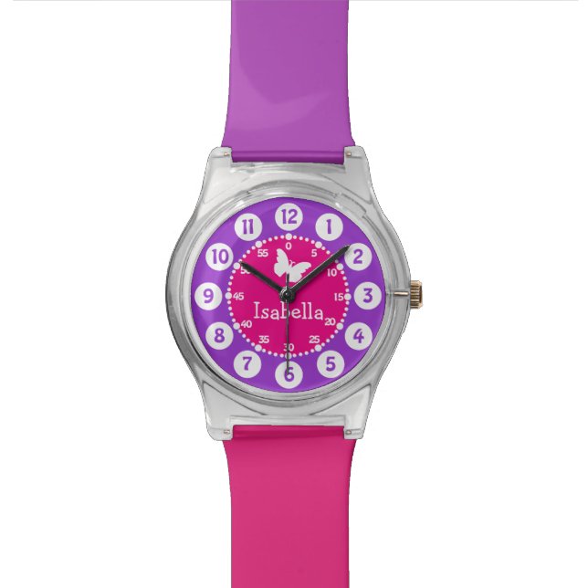 Lila nummerierte Uhr in rosa (Nahaufnahme)