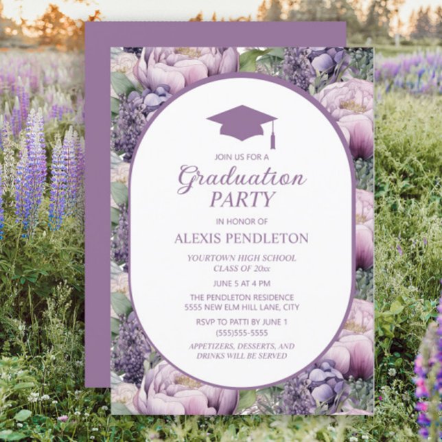 Lila Oberstufe für den Blumenunterricht Einladung (Purple floral graduation party invitation)