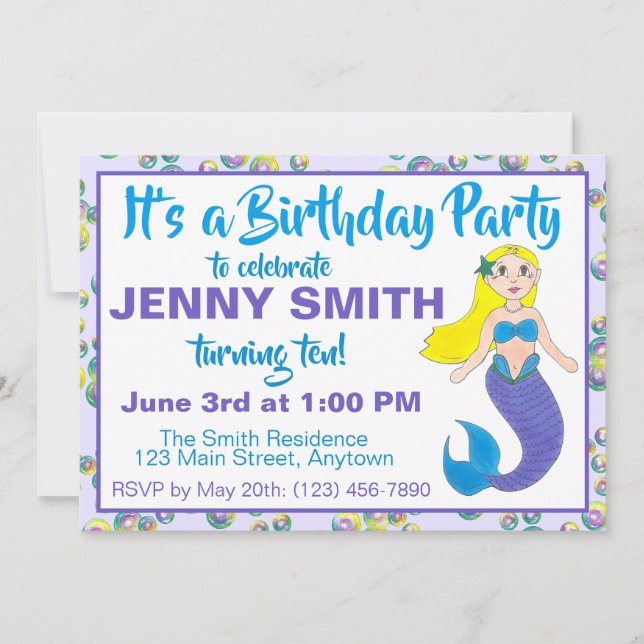 Lila Ocean Mermaid Bubbles Birthday Pool Party Einladung (Vorderseite)