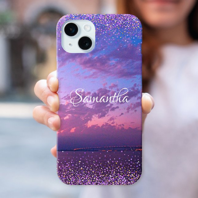 Lila Ocean Sunset Foto Confetti Name Skript Case-Mate iPhone Hülle (Von Creator hochgeladen)