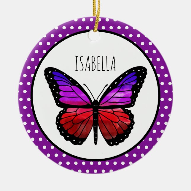 Lila Ombre Butterfly Polka Dot Personalisiert Keramik Ornament (Vorne)
