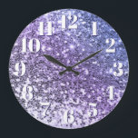 Lila Ombre Chunky Glitzer Große Wanduhr<br><div class="desc">Foto aus lila und blauem Ober-Glitzer, Sequin oder Konfetti mit Bauchunschärfe und Imitaten funkeln weiße, fette Gesichter mit dunkelblauem Schlagschatten auf einer benutzerdefinierten Wanduhr für sie. Obwohl ich das nicht als Vorlage Set habe, können Sie Ihr eigenes Foto verwenden. Sie können auch die Farbe des Zifferntextes ändern. Der Text ist...</div>