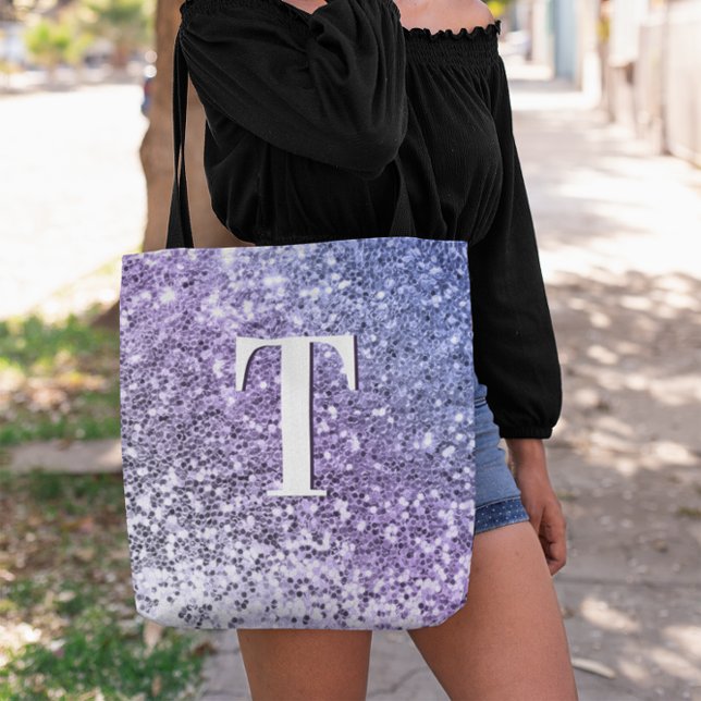 Lila Ombre Chunky Glitzer Mit Monogramm Tasche (Purple Periwinkle Ombre Chunky Glitter Monogram Tote Bag)