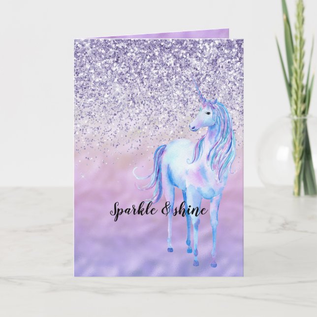 Lila Ombre Eyelashes Glitzer Unicorn Karte (Vorderseite)