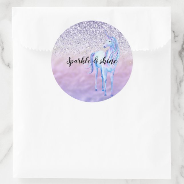 Lila Ombre Eyelashes Glitzer Unicorn Runder Aufkleber (Tasche)