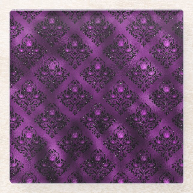 Lila Ombre Glam Glitzer Damask Muster Glasuntersetzer (Vorderseite)