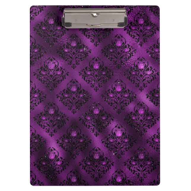 Lila Ombre Glam Glitzer Damask Muster Klemmbrett (Vorderseite)