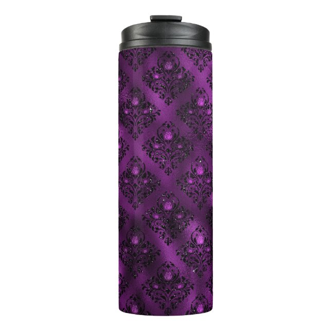 Lila Ombre Glam Glitzer Damask Muster Thermosbecher (Vorderseite)