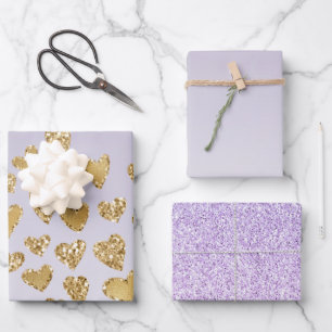 Lila Ombre Sparkle Gold Glitzer Hearts Geschenkpapier Set