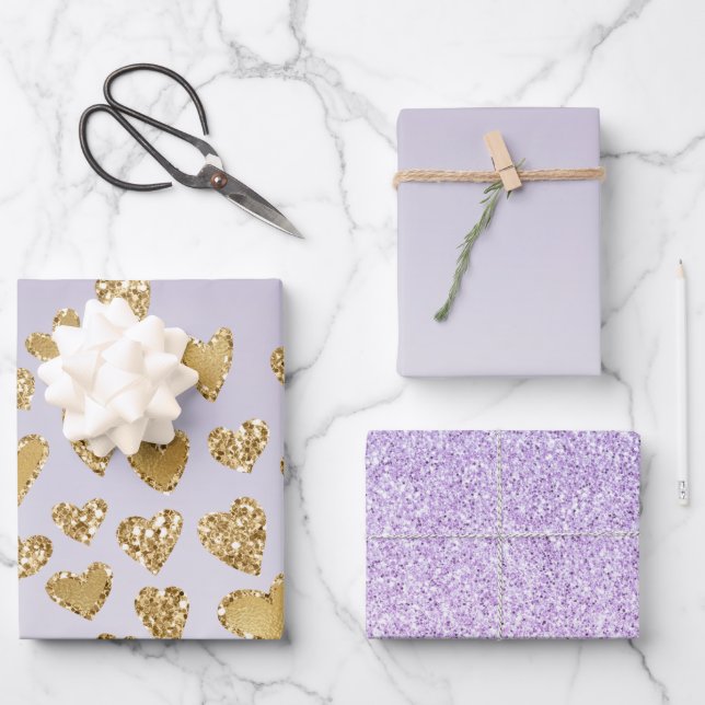 Lila Ombre Sparkle Gold Glitzer Hearts Geschenkpapier Set (Vorderseite)