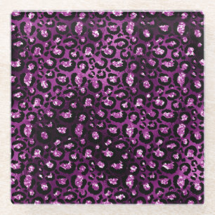 Lila Ombre- und schwarze Glam-Glitter-Leopardenfle Glasuntersetzer